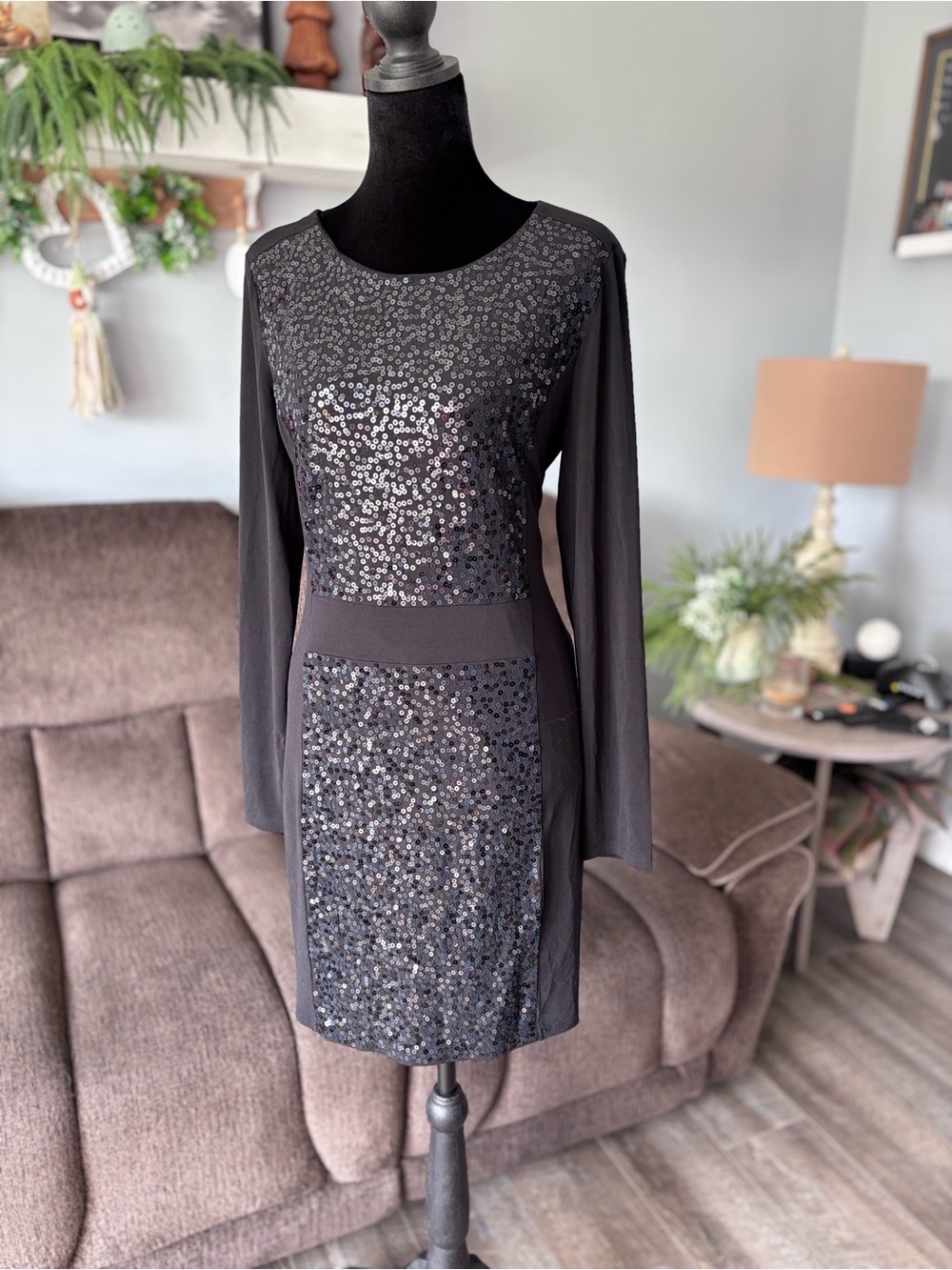 Michael Kors Black Sequin Panel Long-Sleeve Dress